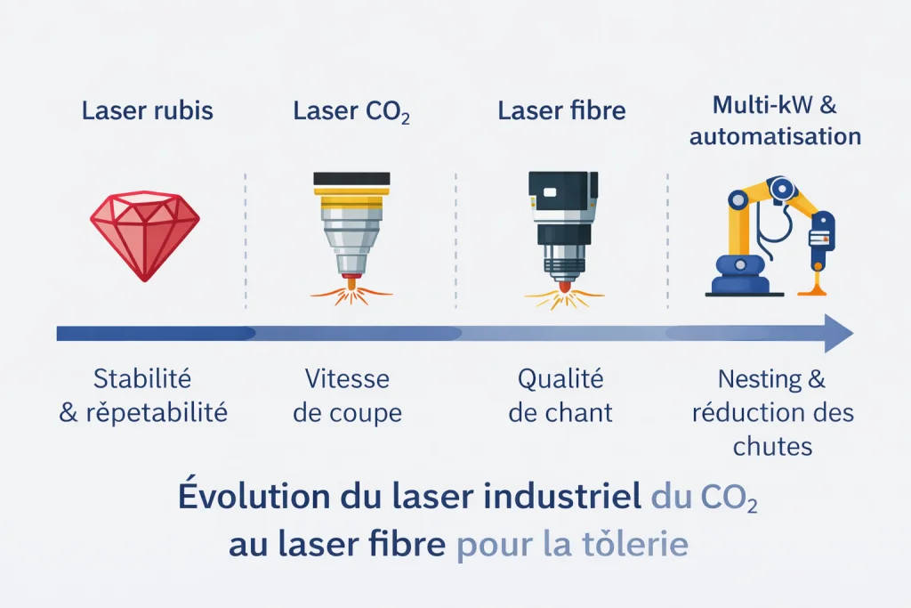 Évolution du laser industriel du CO₂ au laser fibre pour la tôlerie - Historique